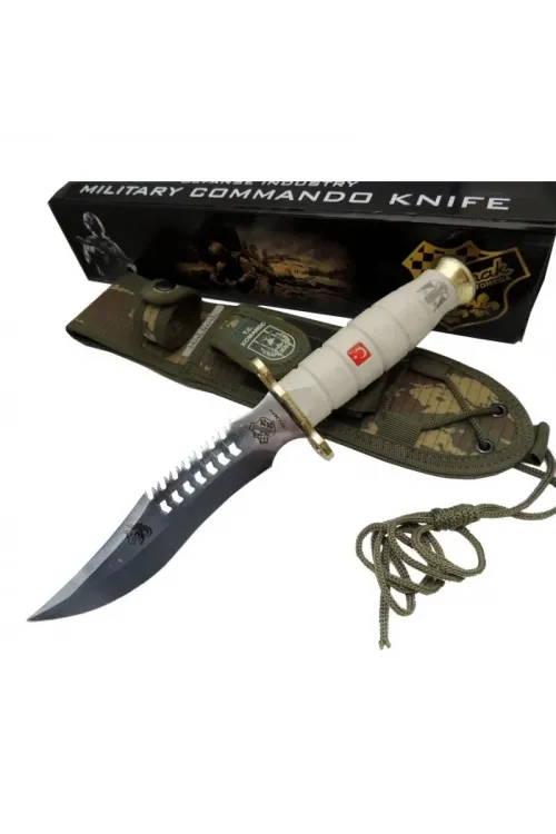 ieg™ Halmak Beyaz Kurt Tırtıklı Oluklu Komando Bıçağı 30 cm - Kamuflaj Kılıflı
