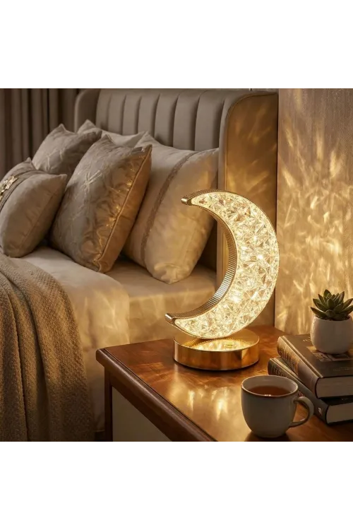 ieg™  Hilal AY Model Kristal LED Masa Lambası – Dokunmatik, 3 Renk Işık Modlu, Şarjlı Mini Dekoratif Gece Lambası