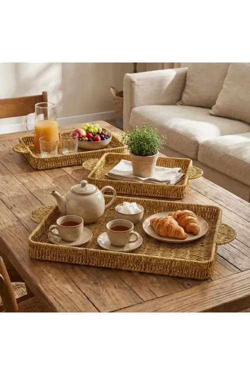 ieg™  İç İçe Geçebilen 3’lü Dikdörtgen Plastik Rattan Tepsi Seti–Hasır Görünümlü Çok Amaçlı Servis ve Sunum Tepsileri