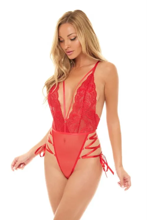 İp Detaylı Dantelli Kırmızı Transparan Fantezi Body