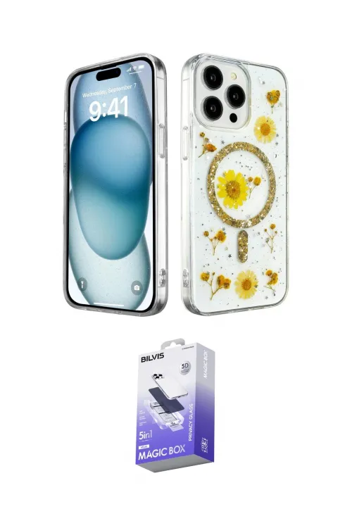 ieg™ iPhone 14 Pro Max Kılıf Kozmos Doku - Siyah Bilvis 5in1 5D Magic Hayalet Cam Ekran Koruyucu