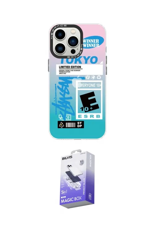 ieg™ iPhone 14 Pro Max Kılıf Siluet Çizgi Koleksiyonu - Siyah Bilvis 5in1 5D Magic Hayalet Cam Ekran Koruyucu
