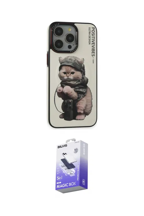 ieg™ iPhone 14 Pro Max Kılıf Siluet Modern Özel Seri - Siyah Bilvis 5in1 5D Magic Hayalet Cam Ekran Koruyucu