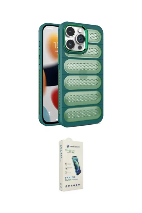 ieg™ iPhone 14 Pro Max Kılıf Yadigar Doku Özel Seri - Şeffaf Pasifik Cam Ekran Koruyucu