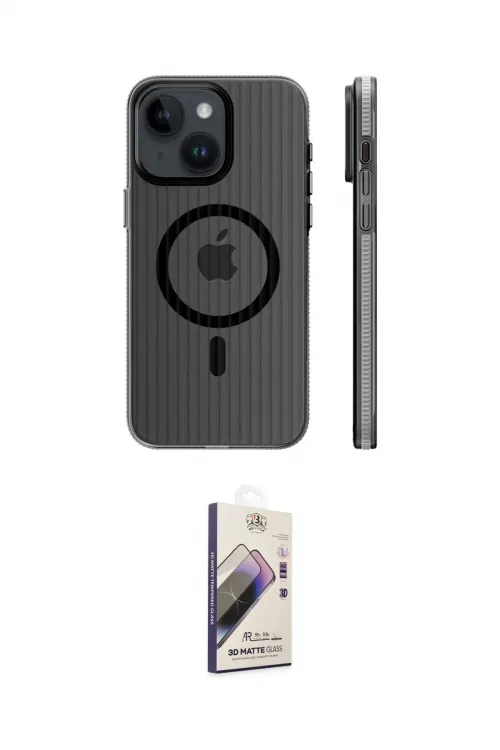 ieg™ iPhone 15 Kılıf Pusula Minimal Koleksiyonu - Siyah Bilvis 3D Mat Cam Ekran Koruyucu