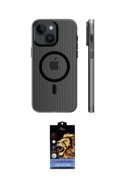 ieg™ iPhone 15 Kılıf Pusula Minimal Koleksiyonu - Siyah Buffer Hayalet Cam Ekran Koruyucu