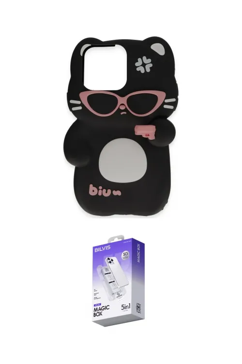 ieg™ iPhone 15 Pro Kılıf Akış Yansıma - Siyah Bilvis 5in1 3D Magic Cam Ekran Koruyucu