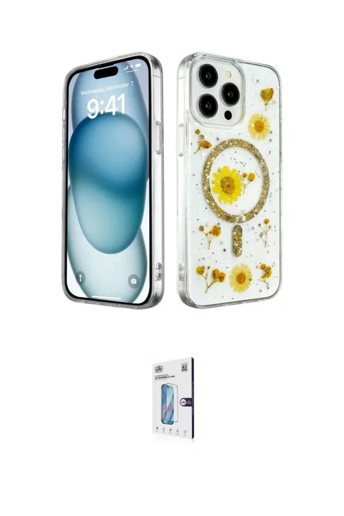 ieg™ iPhone 15 Pro Kılıf Kozmos Doku - Siyah Bilvis 0.18mm Plus Cam Ekran Koruyucu