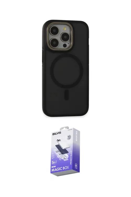 ieg™ iPhone 15 Pro Max Kılıf Ahenk Form Serisi - Siyah Bilvis 5in1 5D Magic Hayalet Cam Ekran Koruyucu