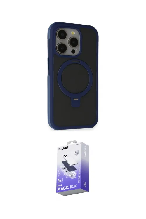 ieg™ iPhone 15 Pro Max Kılıf Ahenk Yansıma Özel Seri - Siyah Bilvis 5in1 5D Magic Hayalet Cam Ekran Koruyucu