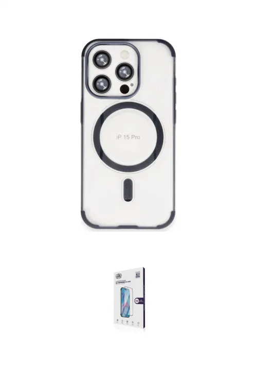 ieg™ iPhone 15 Pro Max Kılıf Eksen Klasik Koleksiyonu - Siyah Bilvis 0.18mm Plus Cam Ekran Koruyucu