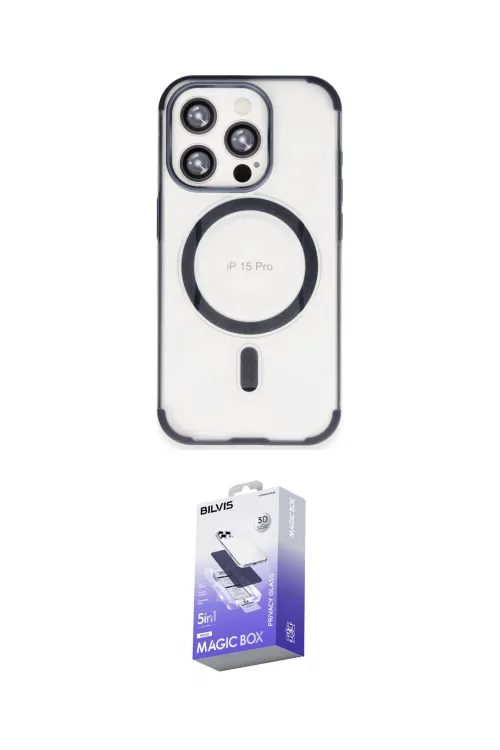 ieg™ iPhone 15 Pro Max Kılıf Eksen Klasik Koleksiyonu - Siyah Bilvis 5in1 5D Magic Hayalet Cam Ekran Koruyucu