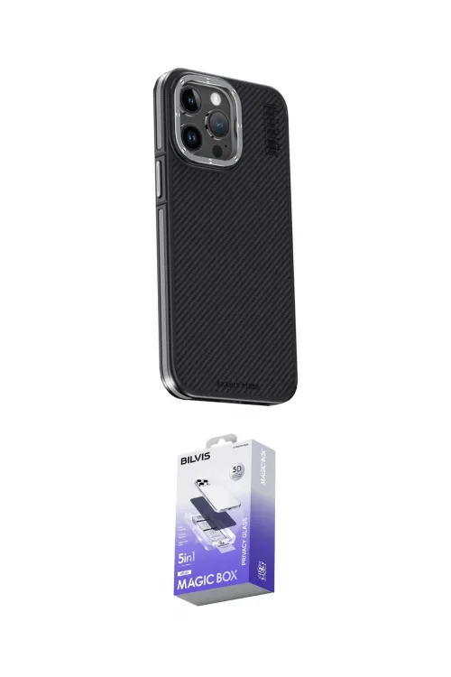 ieg™ iPhone 15 Pro Max Kılıf Kıvılcım Modern Özel Seri - Siyah Bilvis 5in1 5D Magic Hayalet Cam Ekran Koruyucu