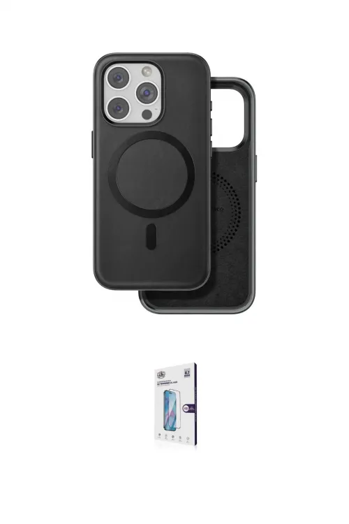 ieg™ iPhone 15 Pro Max Kılıf Pusula Işık Koleksiyonu - Siyah Bilvis 0.18mm Plus Cam Ekran Koruyucu