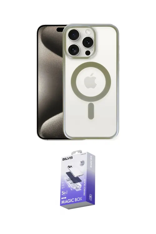 ieg™ iPhone 15 Pro Max Kılıf Siluet Çizgi Serisi - Siyah Bilvis 5in1 5D Magic Hayalet Cam Ekran Koruyucu