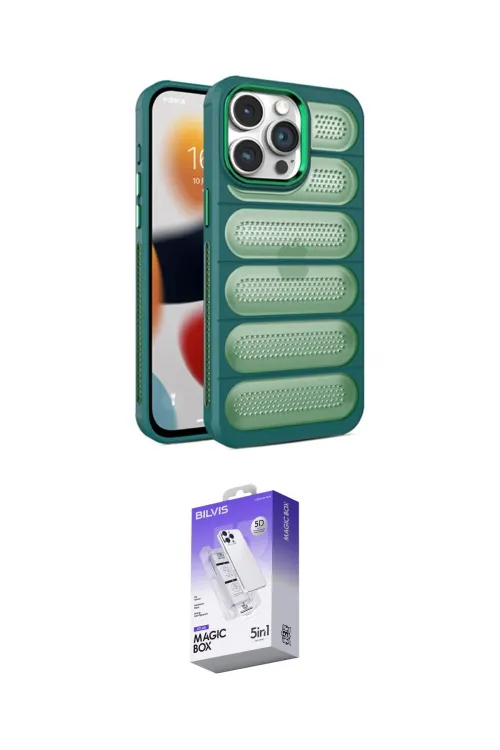 ieg™ iPhone 15 Pro Max Kılıf Yadigar Doku Özel Seri - Siyah Bilvis 5in1 3D Magic Cam Ekran Koruyucu