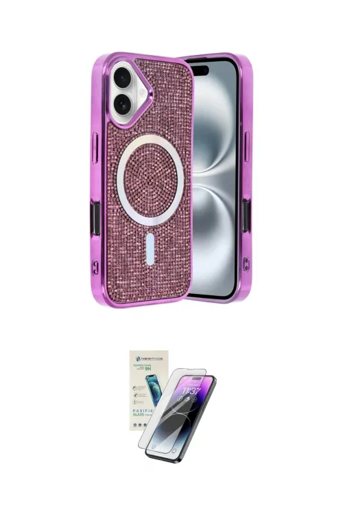 ieg™ iPhone 16 Kılıf Eksen Çizgi - Şeffaf Pasifik Cam Ekran Koruyucu