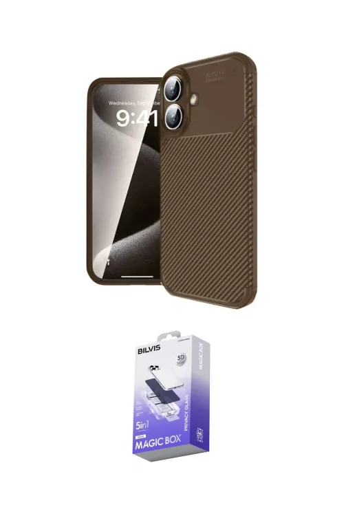 ieg™ iPhone 16 Kılıf Eksen Form Prime - Siyah Bilvis 5in1 5D Magic Hayalet Cam Ekran Koruyucu