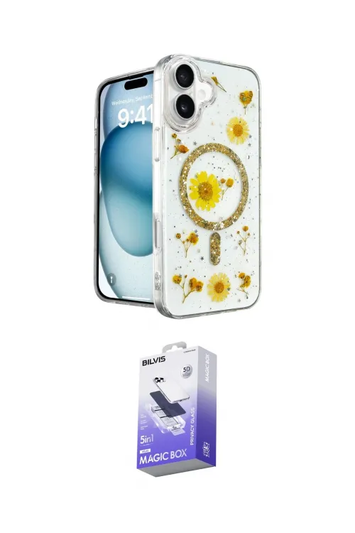 ieg™ iPhone 16 Kılıf Kozmos Doku - Siyah Bilvis 5in1 5D Magic Hayalet Cam Ekran Koruyucu