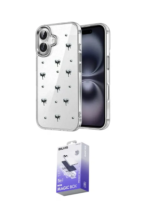 ieg™ iPhone 16 Kılıf Yörünge Form - Siyah Bilvis 5in1 5D Magic Hayalet Cam Ekran Koruyucu