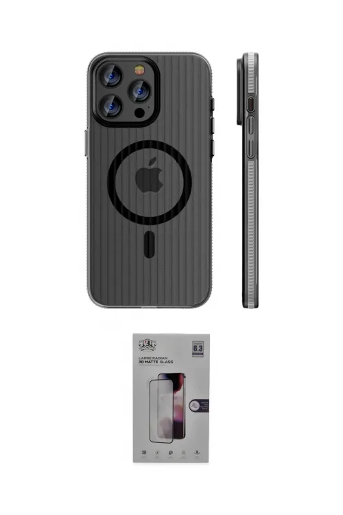 ieg™ iPhone 16 Pro Kılıf Pusula Minimal Koleksiyonu - Siyah Bilvis 3D Mat Cam Ekran Koruyucu