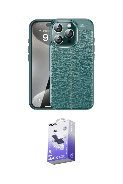 ieg™ iPhone 16 Pro Max Kılıf Doruk Klasik Özel Seri - Siyah Bilvis 5in1 5D Magic Hayalet Cam Ekran Koruyucu