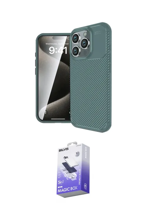 ieg™ iPhone 16 Pro Max Kılıf Eksen Form Prime - Siyah Bilvis 5in1 5D Magic Hayalet Cam Ekran Koruyucu
