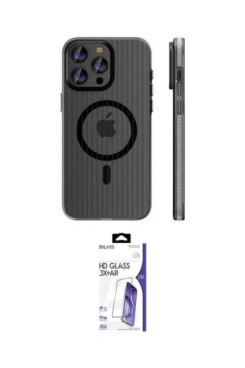 ieg™ iPhone 16 Pro Max Kılıf Pusula Minimal Koleksiyonu - Siyah Bilvis 3X AR HD Cam Ekran Koruyucu