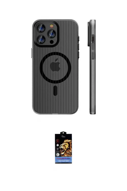 ieg™ iPhone 16 Pro Max Kılıf Pusula Minimal Koleksiyonu - Siyah Buffer Hayalet Cam Ekran Koruyucu