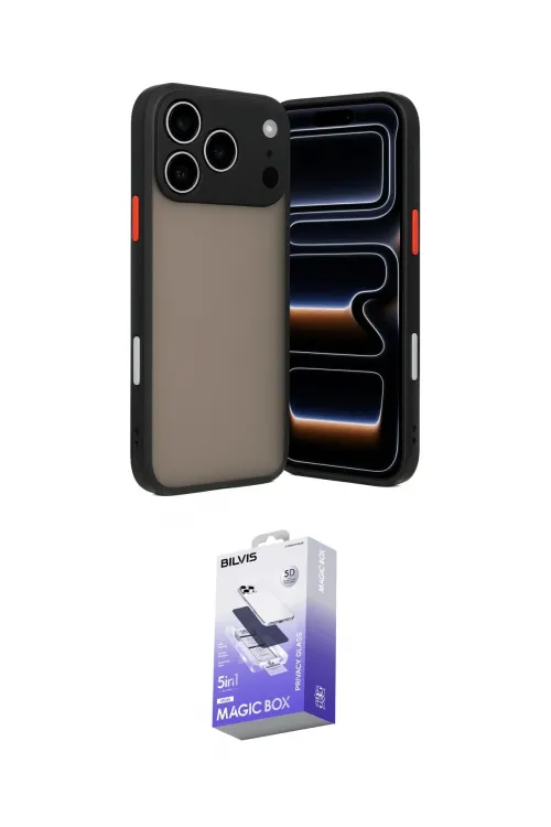 ieg™ iPhone 17 Pro Max Kılıf Ahenk Çizgi Serisi - Siyah Bilvis 5in1 5D Magic Hayalet Cam Ekran Koruyucu