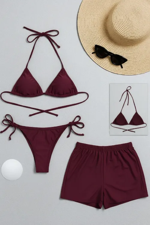 ieg™ Kadın 3lü Set Bordo Şortlu ve Yandan Bağlamalı Bikini Mayo Takımı