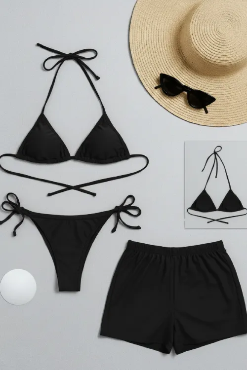 ieg™ Kadın 3lü Set Siyah Şortlu ve Yandan Bağlamalı Bikini Mayo Takımı
