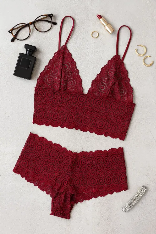 ieg™ Kadın Bordo Dantel Bralet Şort Takımı – Asil ve Sofistike İç Giyim