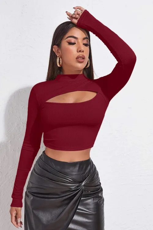 ieg™ Kadın Bordo Göğüs Dekolteli Uzun Kollu Cut Out Crop Top Bluz