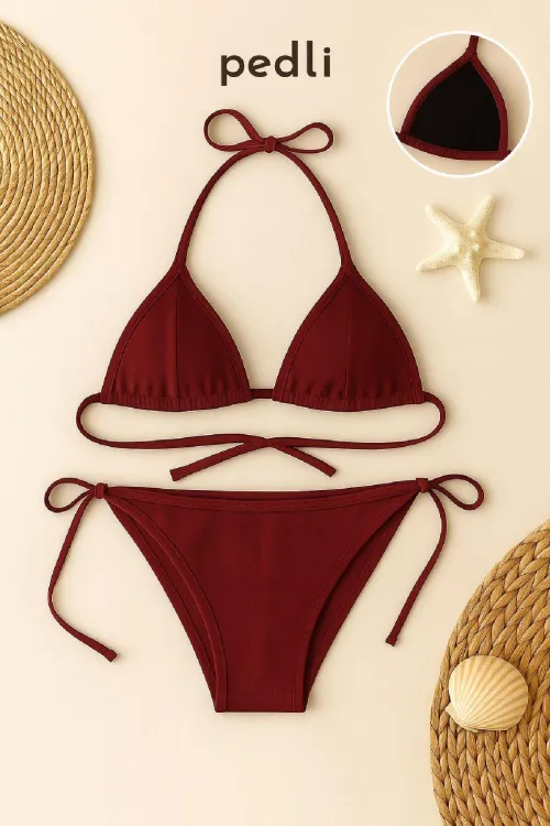 ieg™ Kadın Bordo Yandan ve Boyundan Bağlamalı Bikini Mayo Takımı