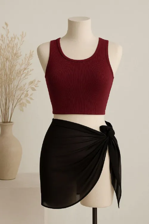 ieg™ Kadın Bordo Yuvarlak Yaka Crop ve Siyah Pareo 2li Set