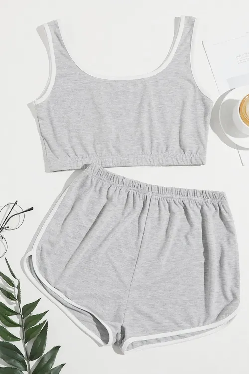 ieg™ Kadın Gri Askılı Crop Top ve Şortlu Gecelik Takım