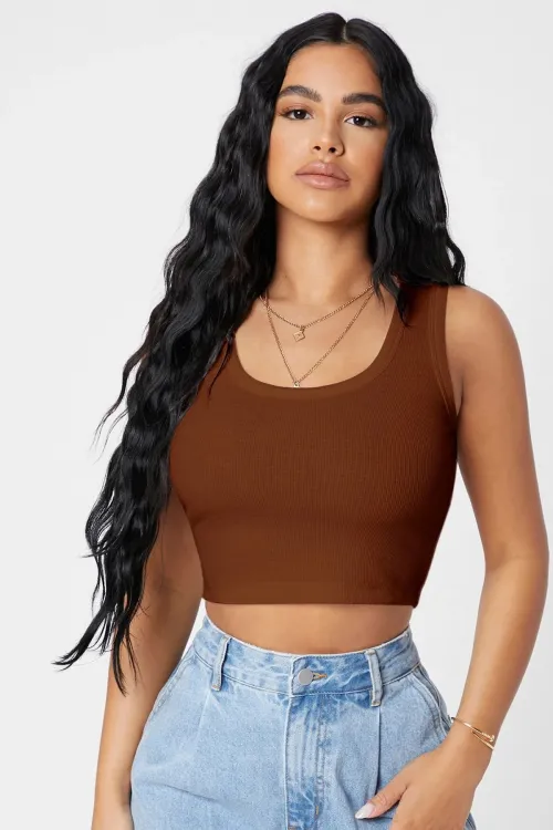 ieg™ Kadın Kahverengi Kare Yaka Crop Top Bluz