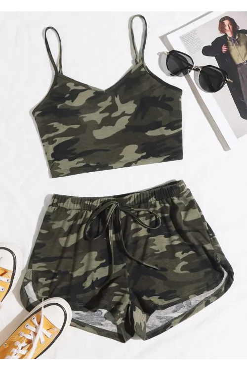 ieg™ Kadın Kamuflaj Desenli Askılı Crop Top ve Şortlu Gecelik Takım