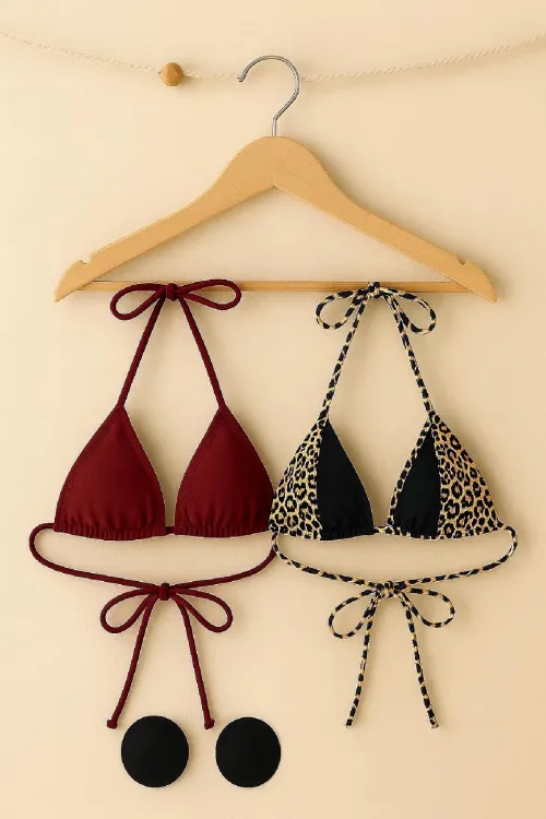 ieg™ Kadın Leopar Desenli ve Bordo Minimal Kesim Üçgen Bikini Üstü