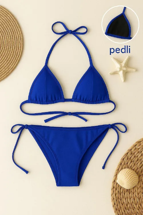 ieg™ Kadın Mavi Yandan ve Boyundan Bağlamalı Bikini Mayo Takımı