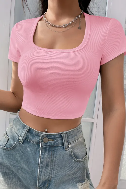 ieg™ Kadın Pembe Yarım Kol Düz Yaka Crop Top Bluz