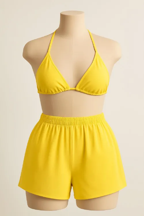 ieg™ Kadın Sarı Şortlu Belden ve Boyundan Bağlamalı Bikini Takımı