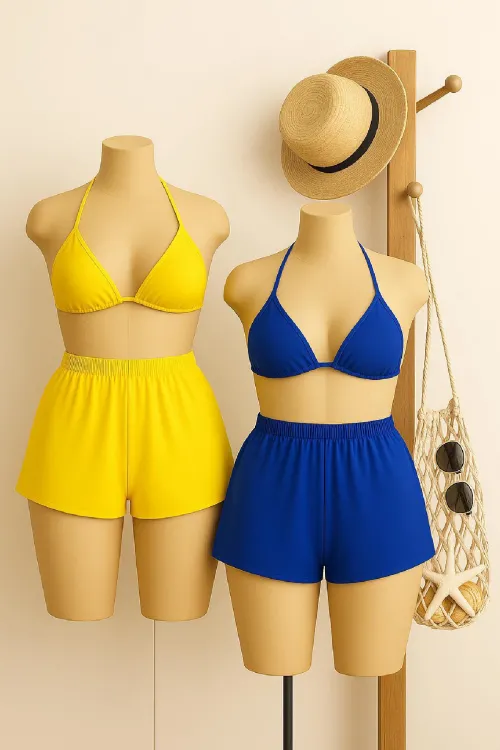 ieg™ Kadın Sarı ve Mavi Şortlu Belden ve Boyundan Bağlamalı Bikini Takımı