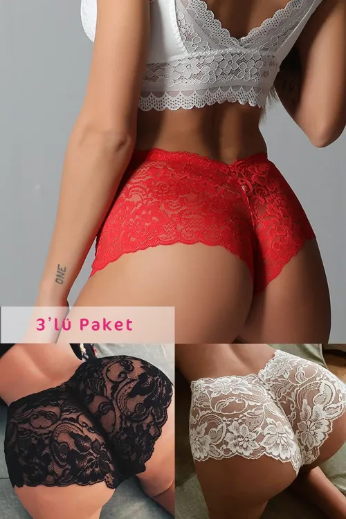 ieg™ Kadın Siyah Beyaz Kırmızı 3lü Paket Dantel Tanga Şort Külot