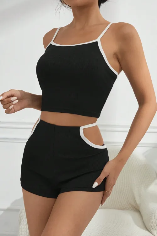 ieg™ Kadın Siyah Beyaz Şortlu Cut-Out Detaylı Gecelik Takımı