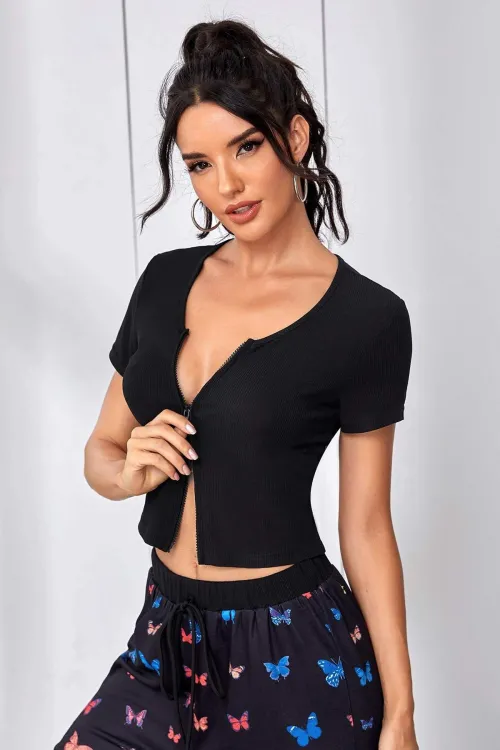 ieg™ Kadın Siyah Çift Fermuarlı Yarım Kol Crop Top Bluz
