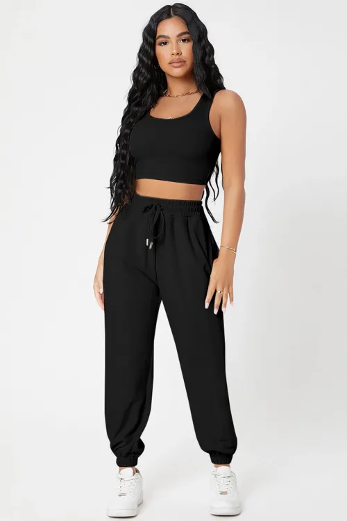 ieg™ Kadın Siyah Kaşkorse Cepli Jogger Eşofman Altı ve Crop Top Bluz