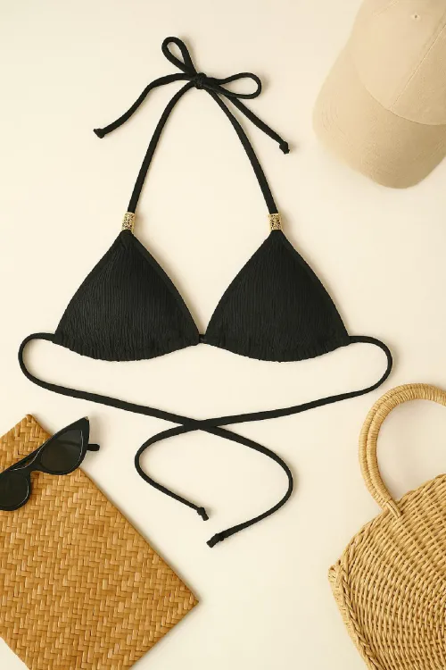 ieg™ Kadın Siyah Pedli Üçgen Bikini Üstü Halter Bağlamalı Aksesuarlı
