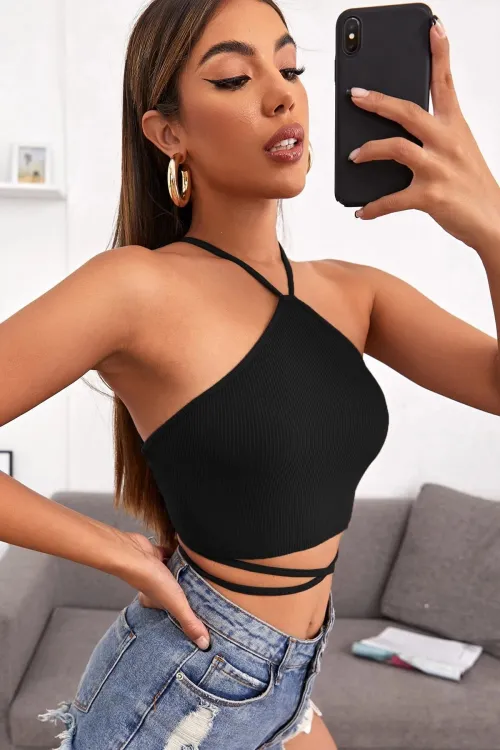 ieg™ Kadın Siyah Sırtı Açık Boyundan Çapraz Bağlamalı Crop Top Bluz